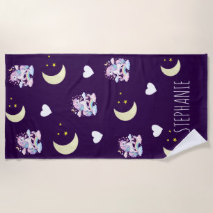 Cute Purple Hearts and Stars and Moon Unicorn Beach Towel