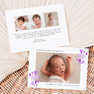 Cute Purple Hearts Photo Birth Announcement