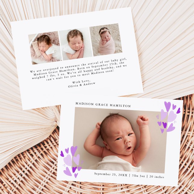Cute Purple Hearts Photo Birth Announcement (Creator Uploaded)