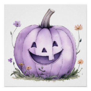 Cute Purple Jack O Lantern Halloween Watercolor Poster