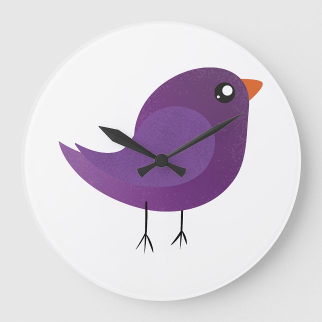 Cute Purple Little Bird Illustration Large Clock (Front)