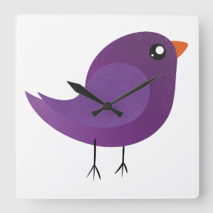 Cute Purple Little Bird Illustration Square Wall Clock