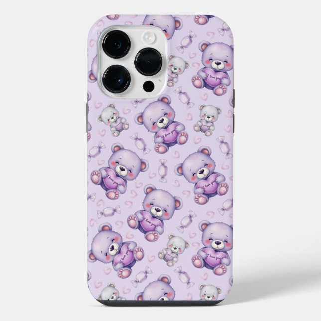 Cute Purple Love Bear and Hearts Seamless Pattern iPhone Case (Back)