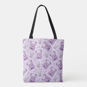 Cute Purple Love Bear and Hearts Seamless Pattern Tote Bag