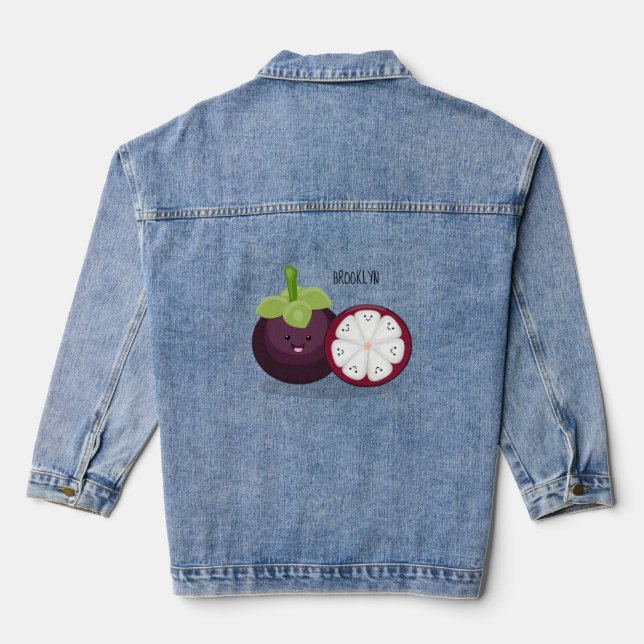 Cute purple mangosteen cartoon illustration denim jacket (Back)