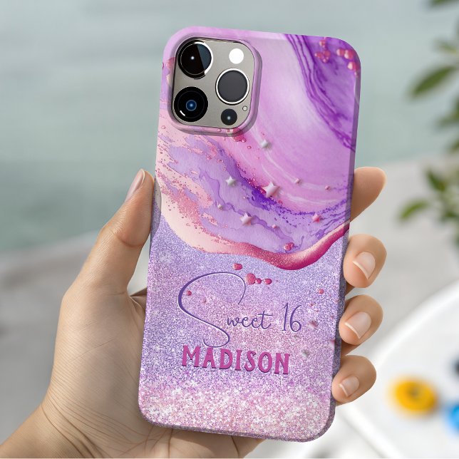 Cute purple marble art glitter monogram Case-Mate iPhone case (Creator Uploaded)
