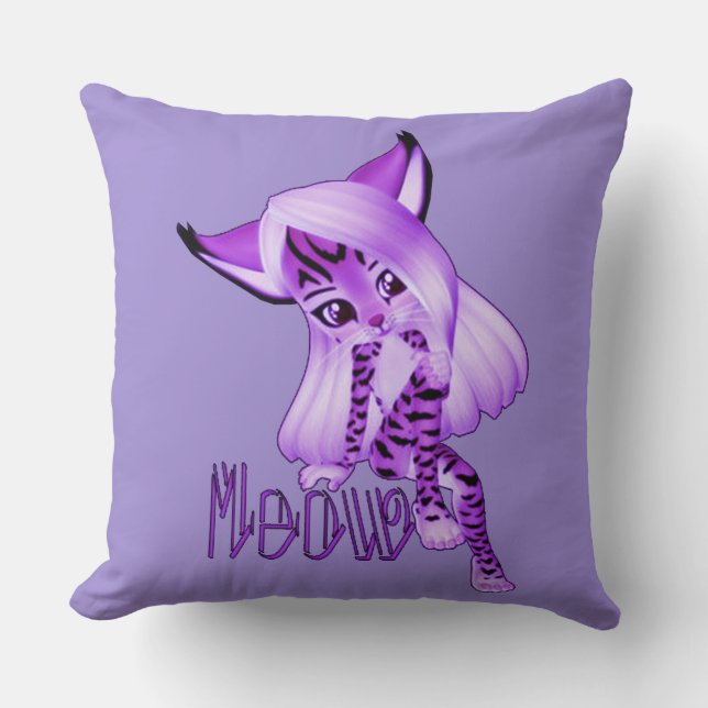 Cute Purple Meow Tiger Cat Throw Pillow (Front)