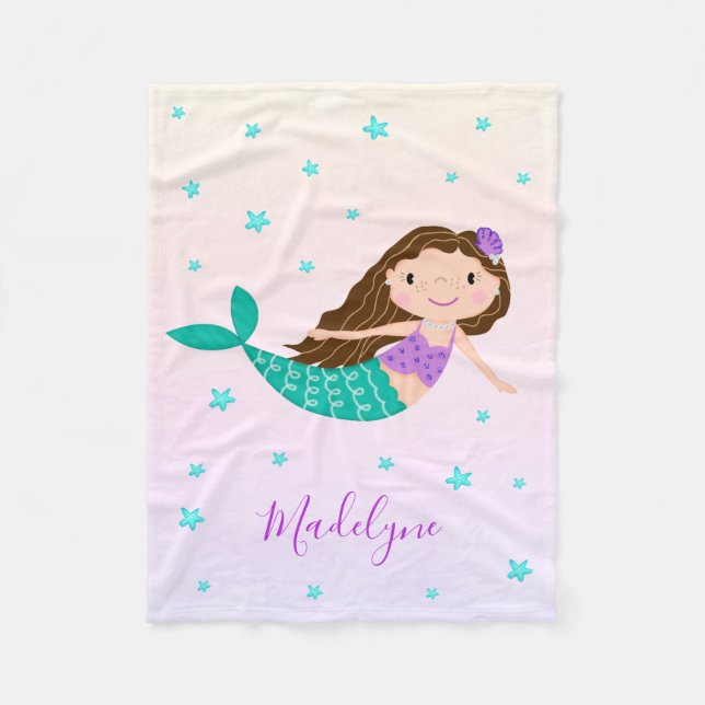 Cute Purple Mermaid Coral Personalised Name Fleece Blanket (Front)