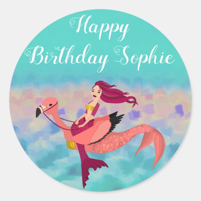 Cute Purple Mermaid Flamingo Happy Birthday Classic Round Sticker (Front)