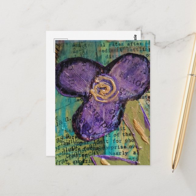 Cute Purple Mixed Media Flower Postcard (Front/Back In Situ)