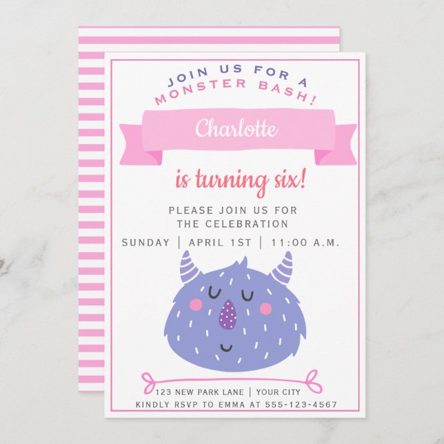Cute Purple Monster | Monster Bash Girls Birthday Invitation (Front/Back)