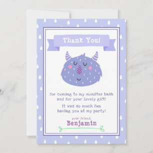 Cute Purple Monster   Monster Bash Kids Birthday Thank You Card