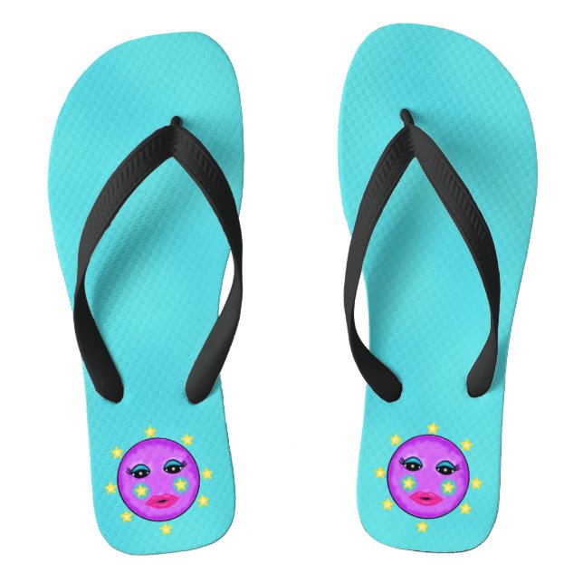 Cute Purple Moon Face Pink Lips Yellow Stars Aqua Jandals (Footbed)