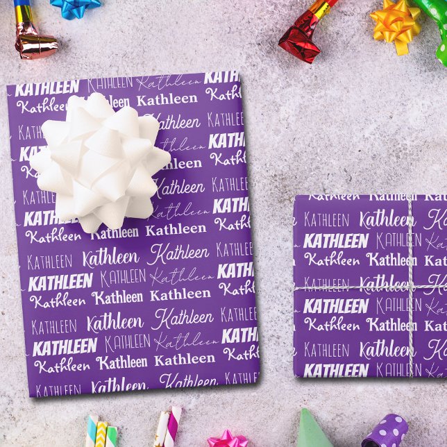 Cute Purple Name Collage Customised Birthday Wrapping Paper Sheet (Creator Uploaded)