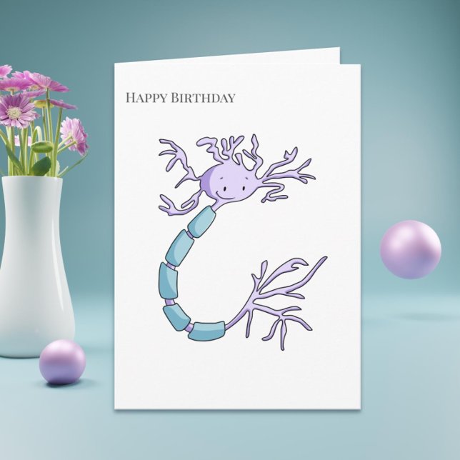 Cute Purple Neuron Myelin Sheath Happy Birthday Card (Cute happy birthday card with an illustration of a neuron, perfect for biologists and doctors)