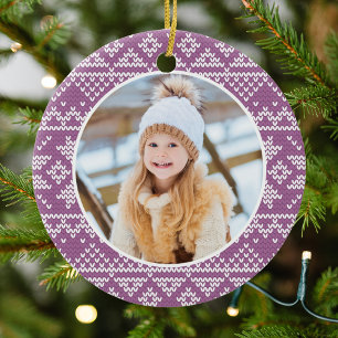 Cute Purple Nordic Snowflake Sweater Pattern Photo Ceramic Tree Decoration