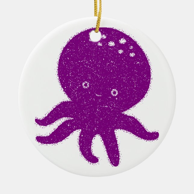 Cute Purple Octopus Old Print Ceramic Tree Decoration (Front)