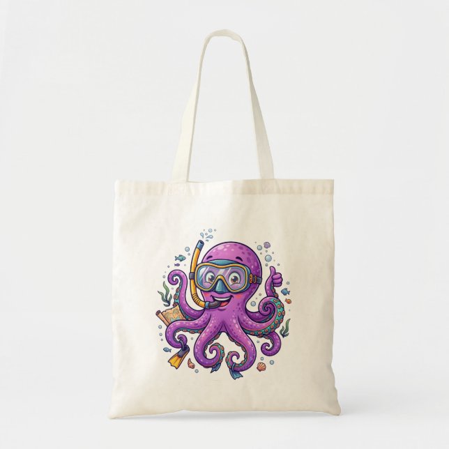 Cute Purple Octopus Treasure Hunter Tote Bag (Front)