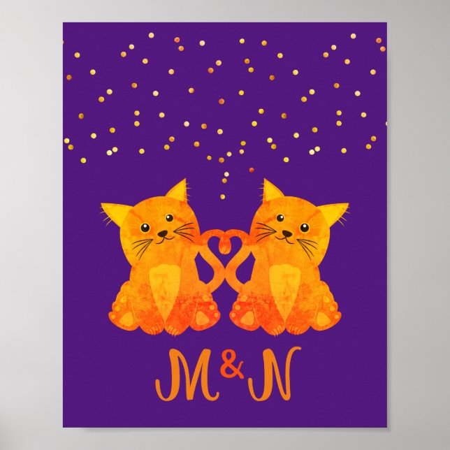 Cute Purple Orange Kitten Couple Two Monogram  Poster (Front)