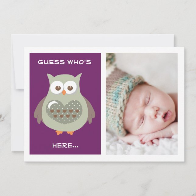 CUTE PURPLE OWL BABY ANNOUNCEMENT PHOTO CARD (Front)