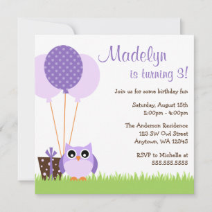 Cute Purple Owl Balloons Birthday Invitations