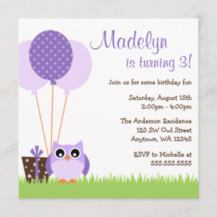 Cute Purple Owl Balloons Birthday Invitations