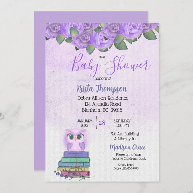 Cute Purple Owl Bring A Book Baby Shower   Invitation (Front/Back)