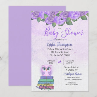 Cute Purple Owl Bring A Book Baby Shower Invitation
