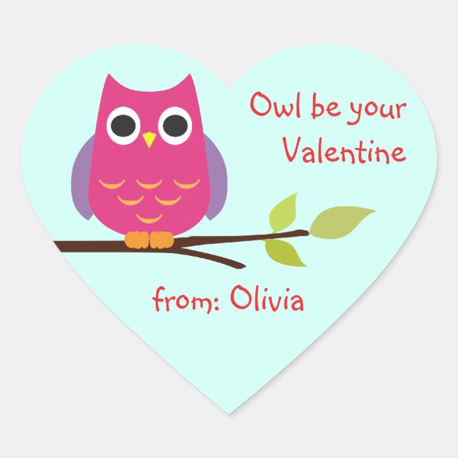 Cute purple owl classroom valentine personalised heart sticker (Front)