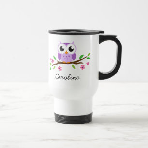 Cute, purple owl on a branch. Personalised name Travel Mug