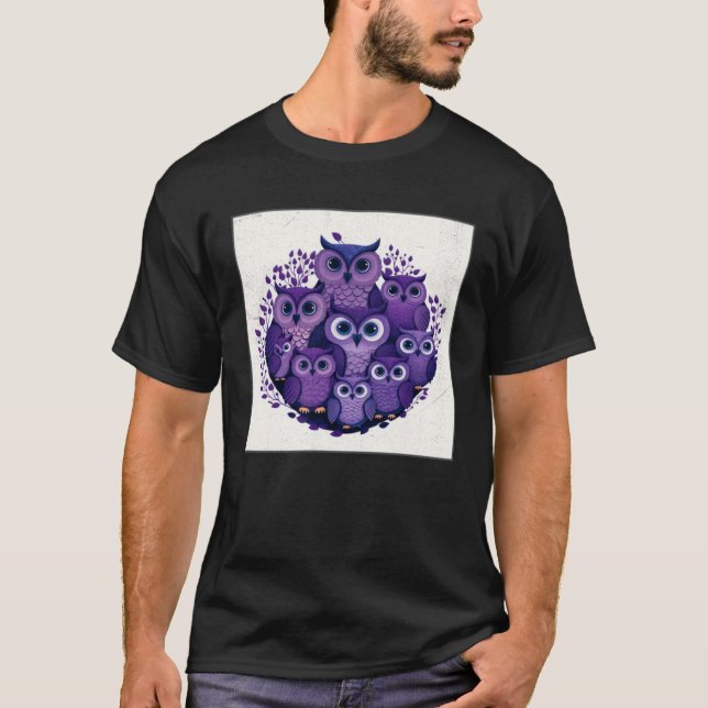 Cute Purple Owls Illustration Minimal Unique Big E T-Shirt (Front)
