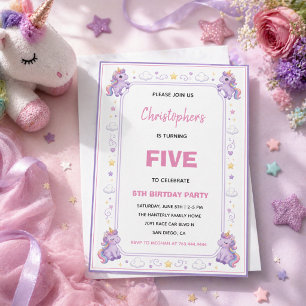 Cute Purple Pastel Magic Unicorn 5th Birthday Invitation