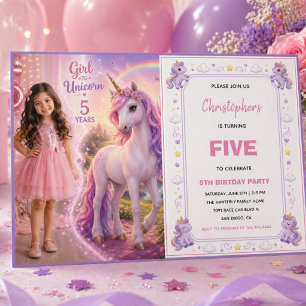 Cute Purple Pastel Magic Unicorn 5th Birthday  Invitation