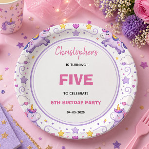 Cute Purple Pastel Magic Unicorn 5th Birthday Paper Plate