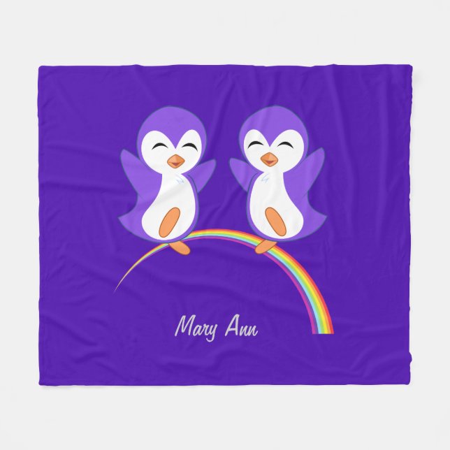 Cute Purple Penguin Fleece Blanket (Front (Horizontal))