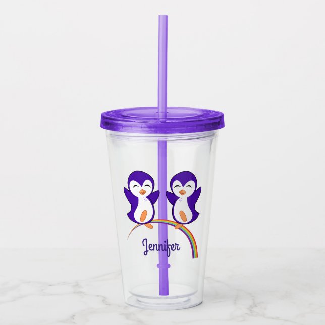 Cute Purple Penguin Lover Rainbow Custom Acrylic Tumbler (Front)