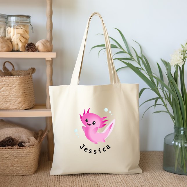 Cute Purple Pink Axolotl Bubble with Name Tote Bag (Creator Uploaded)
