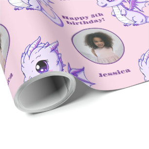 Cute Purple Pink Chibi Dragon Custom Photo Text Wrapping Paper