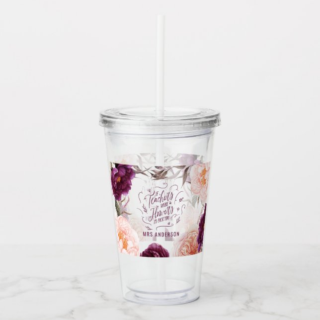 cute purple pink floral elegant teacher acrylic tumbler (Front)
