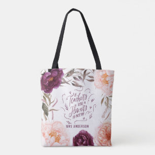cute purple pink floral elegant teacher tote bag