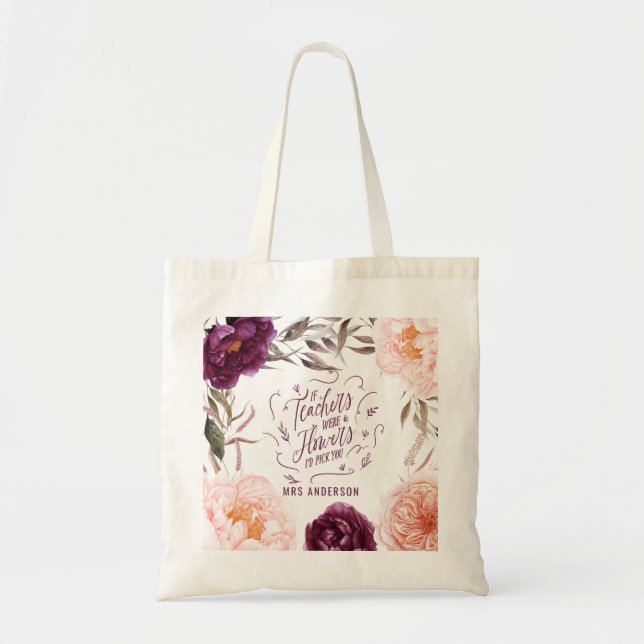cute purple pink floral elegant teacher tote bag (Front)