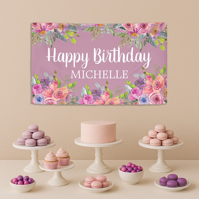 Cute Purple Pink Floral Happy Birthday Name Banner (Pretty purple and pink watercolor floral birthday party banner)