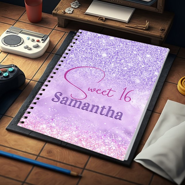 Cute purple pink glitter birthday monogram notebook (Creator Uploaded)