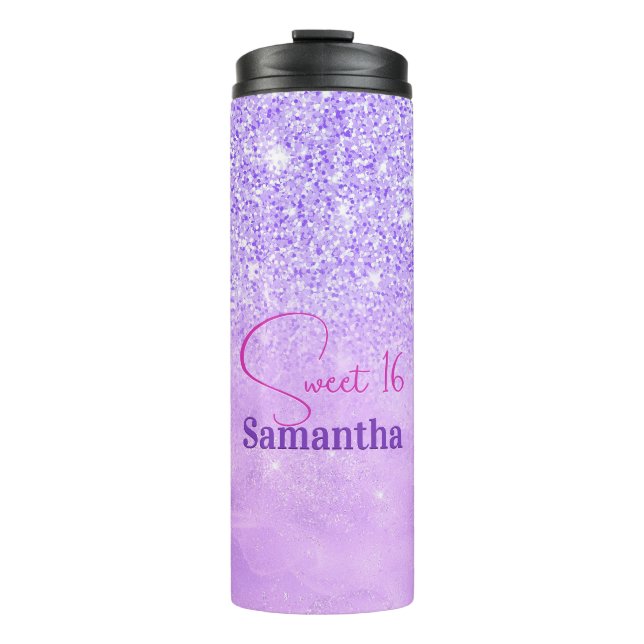 Cute purple pink glitter birthday monogram thermal tumbler (Front)