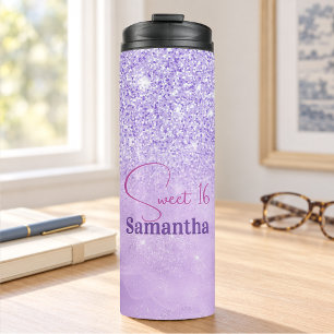 Cute purple pink glitter birthday monogram thermal tumbler