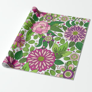 Cute Purple Pink & Green Flowers Pattern Wrapping Paper