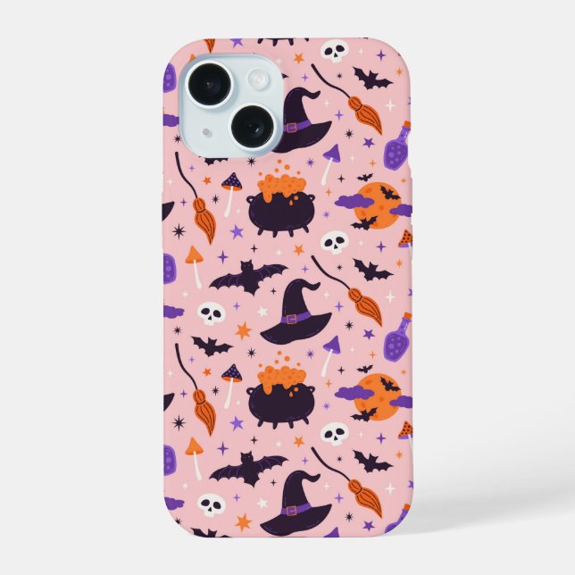 Cute Purple & Pink Halloween Pattern iPhone 15 Case (Back)