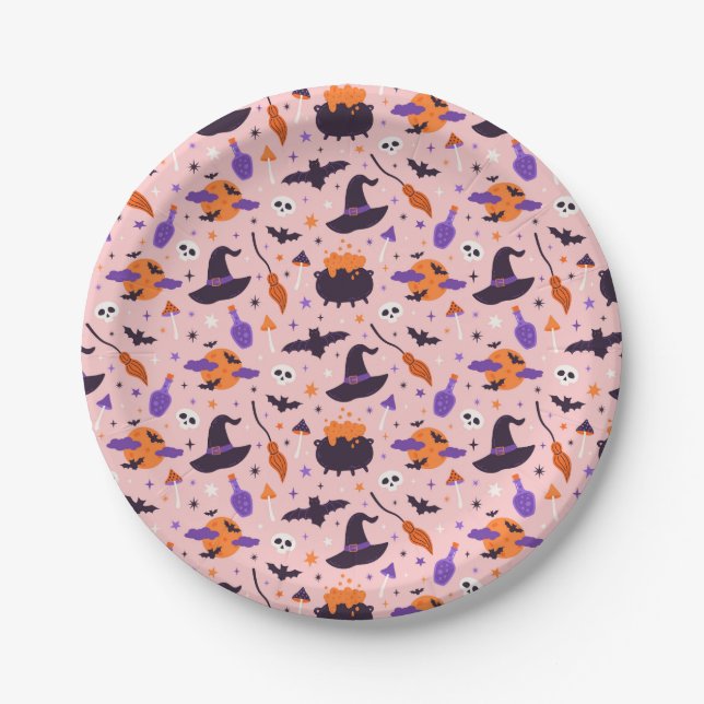Cute Purple & Pink Halloween Pattern Paper Plate (Front)