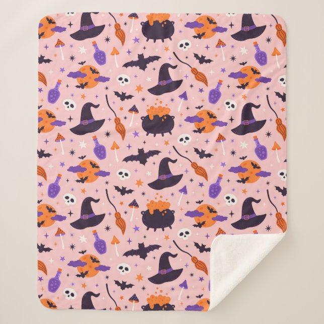 Cute Purple & Pink Halloween Pattern Sherpa Blanket (Front)