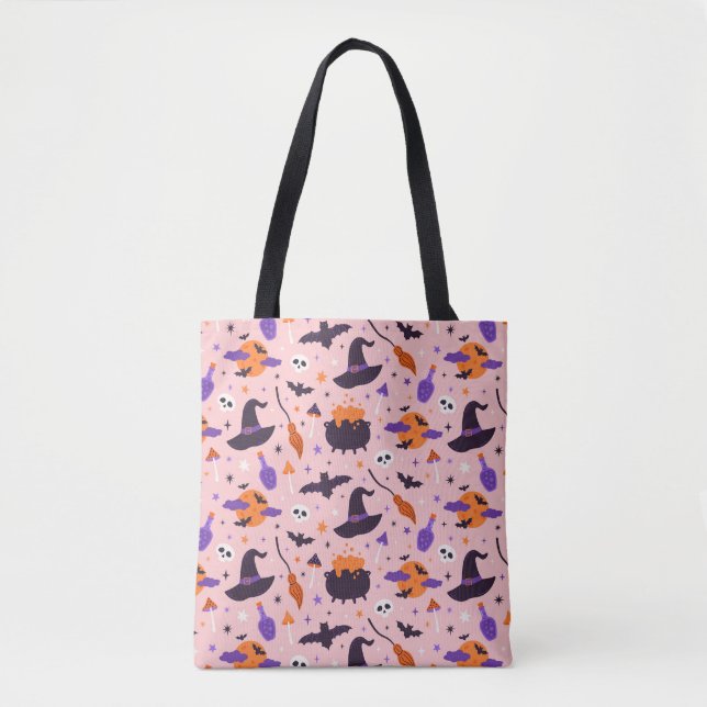 Cute Purple & Pink Halloween Pattern Tote Bag (Front)